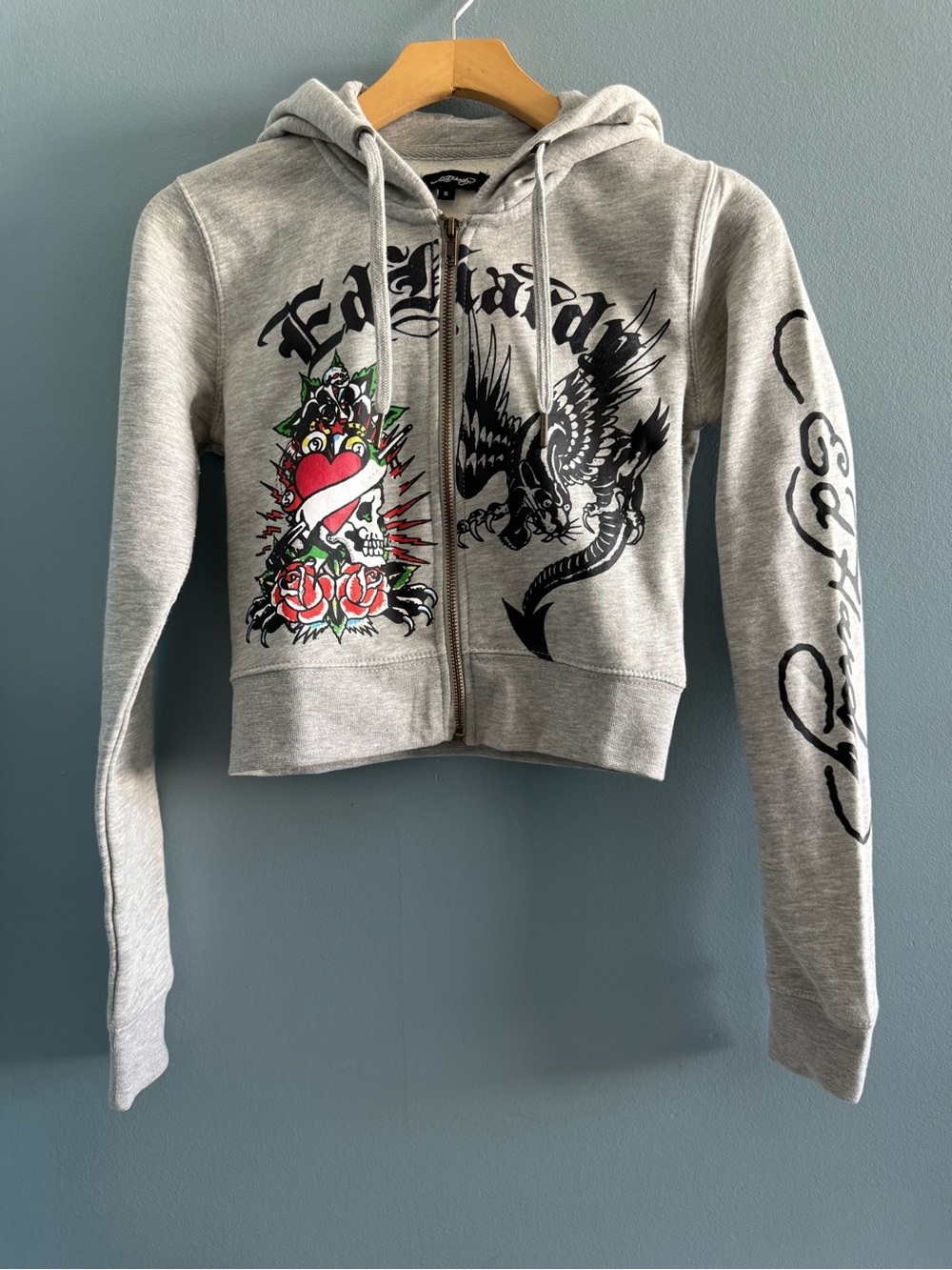 Ed Hardy Cropped Full-Zip Grey Hoodie
